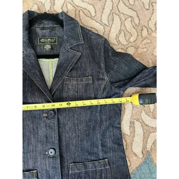 EDDIE BAUER Women's Y2K-Style Dark Denim Fitted Stretch Jean Jacket Sz M Tall - Picture 12 of 12